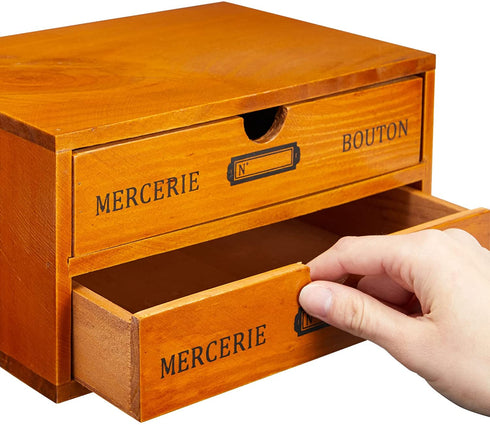 Small Wooden Storage Box with Drawers, Desk Organizer, Vintage French Design (9.75 x 7 x 5 In)