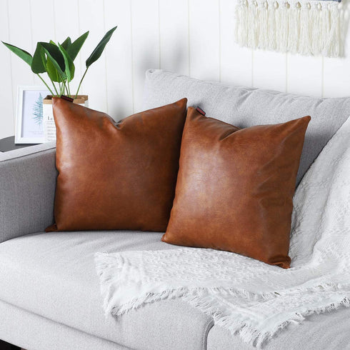 MANDIOO Set of 2 Faux Leather Decorative Throw Pillow Covers Modern Solid Outdoor Cushion Cases Luxury Pillowcases for Couch Sofa Bed 12x12 Inches Brown