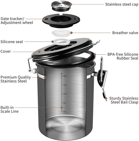 Veken Coffee Canister, Airtight Stainless Steel Kitchen Food Storage Container with Date Tracker and Scoop for Beans, Grounds, Tea, Flour, Cereal, Sugar, 22OZ, Gray