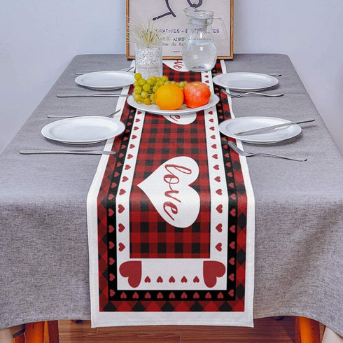 Farmhouse Kitchen Dinning Table Runner Dresser Scarves 13x70inch Valentine's Day Love Heart Red Buffalo Check Plaid Burlap Linen Table Runners for Indoor&Outdoor Dinner Gathering Party