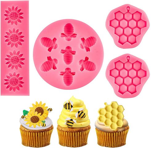 Ocmoiy 4 Pieces Flower and Bee Theme Cake Silicone Molds - Honeycomb Sunflower Bubble Bee Mold for Cake Decoration Cupcake Toppers Chocolate Candy Fondant Polymer Clay Crafting