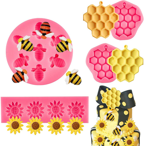 Ocmoiy 4 Pieces Flower and Bee Theme Cake Silicone Molds - Honeycomb Sunflower Bubble Bee Mold for Cake Decoration Cupcake Toppers Chocolate Candy Fondant Polymer Clay Crafting