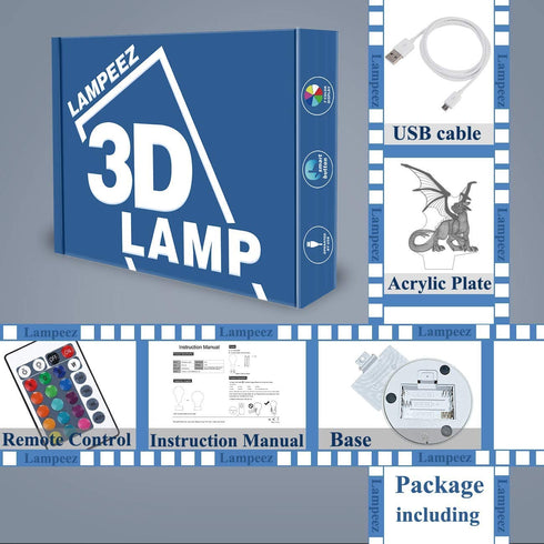 Lampeez Kids 3D Dragon Night Light Optical Illusion Lamp with 16 Colors Remote Control Changing Birthday Xmas Valentine's Day Gift Idea for Boys and Girls