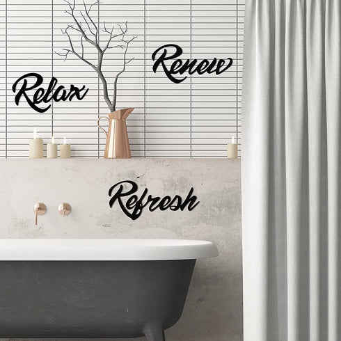 Hotop 3 Pieces Farmhouse Bathroom Metal Wall Signs Bathroom Metal Letter Sign Decor Relax Renew Refresh Metal Sign Bathroom Metal Wall Art Decor Black Metal Bathroom Wall Decor for Home Decoration