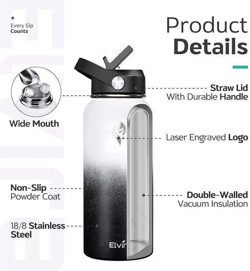 Elvira 32oz Vacuum Insulated Stainless Steel Water Bottle with Straw & Spout Lids, Double Wall Sweat-Proof BPA Free to Keep Beverages Cold for 24Hrs or Hot for 12Hrs