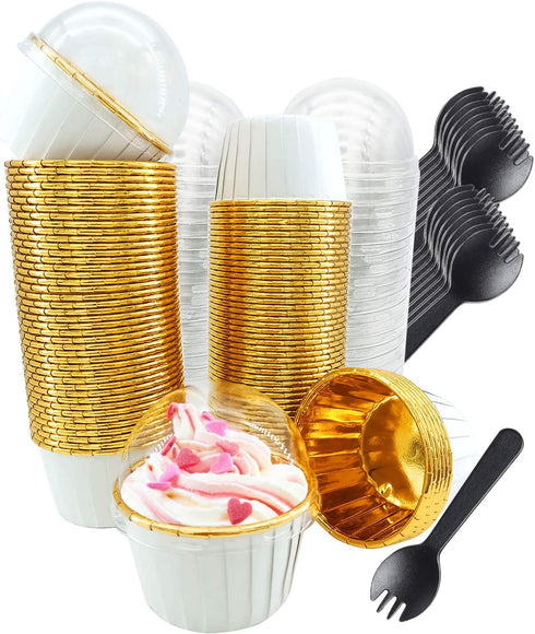 Cupcake Liners with Dome Lids 100Pack,Free-Air 3.5Oz Mini Foil Baking Cups Muffin Liners,Disposable Ramekins Cupcake Tins Cupcake Wrappers for Wedding Birthday Party,with Spoons-White in gold