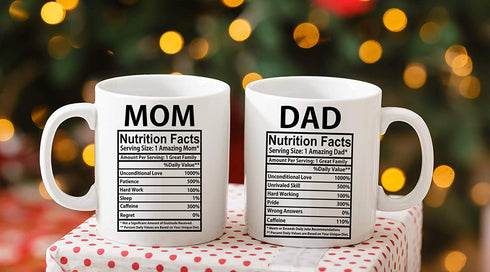 Mom & Dad Nutritional Facts 11oz White Ceramic Funny Couple Coffee Mugs Set For Husband and Wife Him And Her Gifts Mr & Mrs Gift Anniversary Mom and Dad Present Tea Cup - By AW Fashions