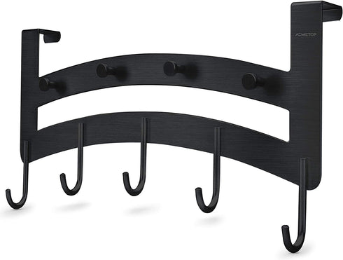 ACMETOP Over The Door Hook Hanger, Heavy-Duty 9 Hook Organizer Rack for Coat, Towel, Bag, Robe, Aluminum, Brush Finish (Black)