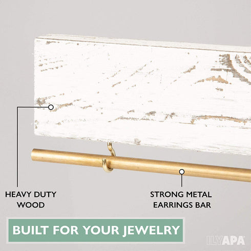 Ilyapa Wall Mounted Jewelry Organizer, Rustic White Wood - Earring, Bracelet and Necklace Holder - 3 Piece Jewelry Hanger Rack Set