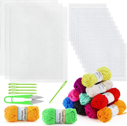 Pllieay 33 Pieces Mesh Plastic Canvas Sheets Kit Including 15 Pieces Clear Plastic Canvas, 12 Color Acrylic Yarn and Embroidery Tools for Embroidery Plastic Canvas Craft