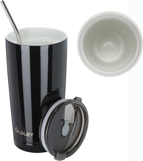 Insulated Ceramic Lined Coating Coffee Travel Mug with Lid and Straw, 20 oz Tea Vacuum Tumbler with Brush by OLDLEY, Black