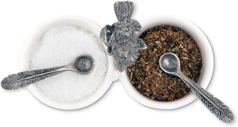 Vagabond House Song Bird Double Salt Cellar Spice Sauce Server and Place card with Pewter Feather spoons 2.5 inch Tall 4.25 inch Long 2 inch Wide