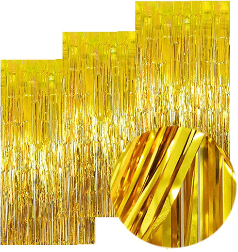 3Packs 3.2ft x 8.2ft Gold Foil Fringe Curtain, Gold Metallic Tinsel Curtain, Metallic Gold Streamers Backdrop for Bachelorette Engagement Wedding Birthday Gold Party Decorations