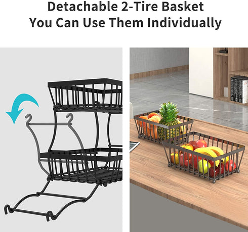 Apsan 2 Tier Fruit Storage Basket Countertop for Kitchen, Bread Vegetable Fruit Basket Bowl Stand Detachable Metal Rectangular Wire Basket, Black Medium