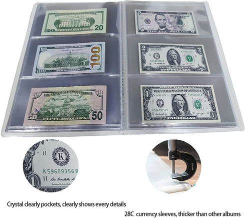 Currency Paper Money Collection Book, 3-Pocket Banknote Organizer, Single Side View Dollar Bill Holders for Collectors, Crystal Clear Sleeves to Storage 60 World Cash, Thicker SleevesNote Book (Blue)