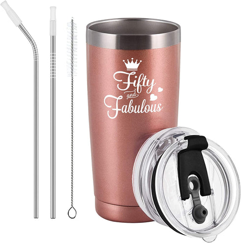 Cpskup 50th Birthday Gifts for Women, Fifty Fabulous Stainless Steel Insulated Travel Tumbler with Lids, Funny Christmas Birthday Gifts for Women Mom Grandma Sister Friends Coworkers(20oz, Rose Gold)