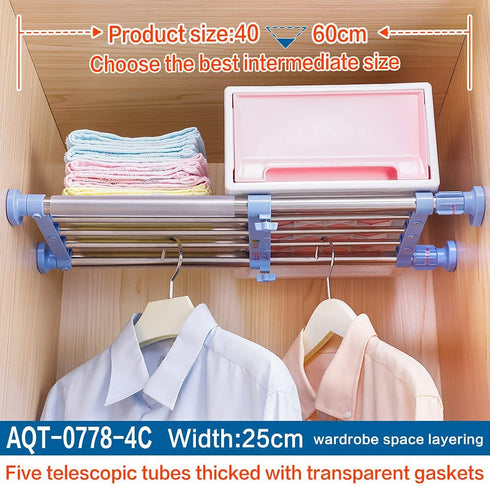 Hershii Closet Tension Shelf & Rod Expandable Metal Storage Rack Adjustable Organizer DIY Divider Separator for Cabinet Wardrobe Cupboard Kitchen Bathroom - Blue