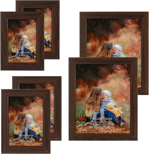 CRUGLA Gallery Frame Set of 6 for Wall Decor Tabletop Vertical Horizontal Display, Assorted Collage Photo Frames, Two 4x6 Picture Frames, Two 5x7 Picture Frames, Two 8x10 Picture Frames, Brown