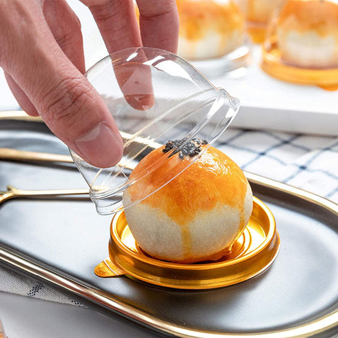 100 PCS Clear Plastic Mini Cupcake Box Round Cupcake Mooncake Dessert Container Box Cookies Muffins Dome Box for Weddings Birthdays and Other Holiday Parties Gift Box (Gold)