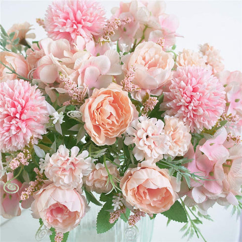 KIRIFLY Artificial Flowers, Fake Peony Silk Hydrangea Bouquet Decor Plastic Carnations Realistic Flower Arrangements Wedding Decoration Table Centerpieces 2 Packs (Light Pink)