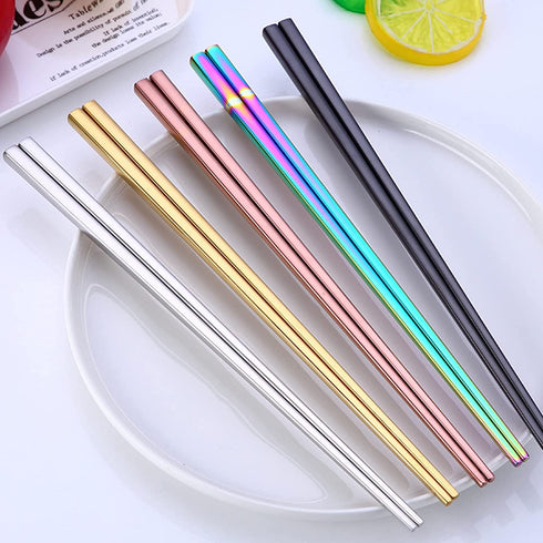 Dtdepth Stainless Steel Chopsticks - 5 Pairs 9.06inch Multicolor Reusable Dishwasher Safe Metal Chopsticks - Square Lightweight Non Slip Flat Chop Sticks - Easy to Use and Clean (No Color Fading)