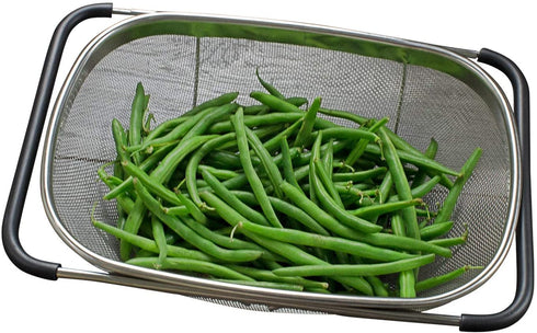 i Kito Over the Sink Colander with Expandable Rubber Grip Handles - Fine Mesh Oval Strainer in Stainless Steel -Drain, Rinse Fruits and Vegetables