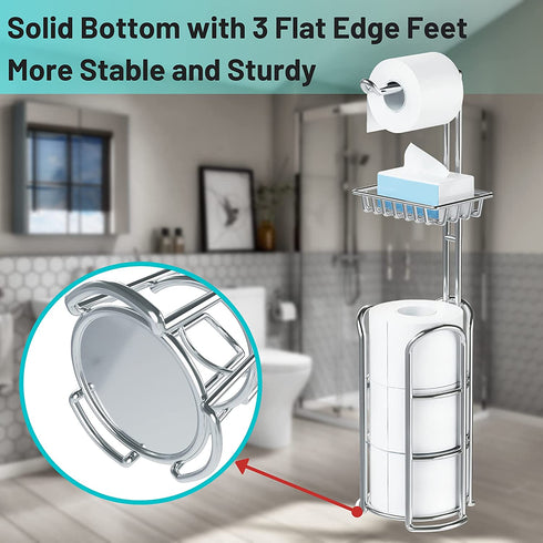 Toilet Paper Holder Stand with Reserve and Dispenser for 4 Mega Rolls, Bathroom Freestanding Toilet Tissue Paper Roll Storage with Cell Phone Shelf, Chrome