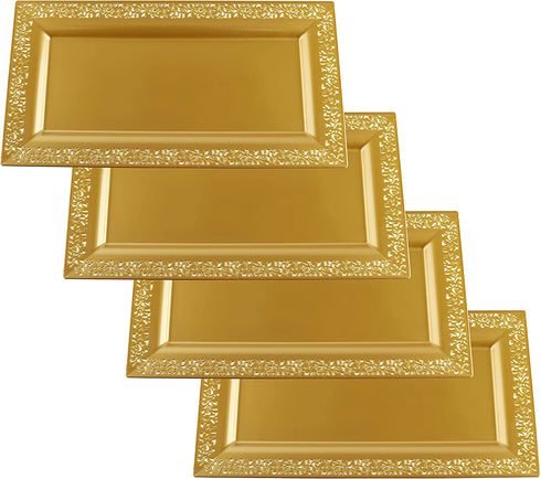 4 (pk) Yumchikel 14" x 7.5" Gold Lace Rim Plastic Serving Trays & Platters | Heavy Duty Disposable Decorative Dessert Tray - Party Platters for Upscale Parties Weddings