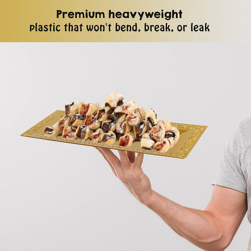 4 (pk) Yumchikel 14" x 7.5" Gold Lace Rim Plastic Serving Trays & Platters | Heavy Duty Disposable Decorative Dessert Tray - Party Platters for Upscale Parties Weddings