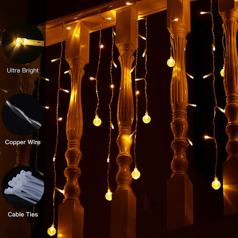 Quntis 32.8FT 400 LED Christmas Icicle Lights Outdoor, Warm White Icicle Lights with 80 Drops Crystal Ball, 8 Modes Curtain Fairy Light Waterproof for Valentine's Day Xmas Wedding Party Decorations