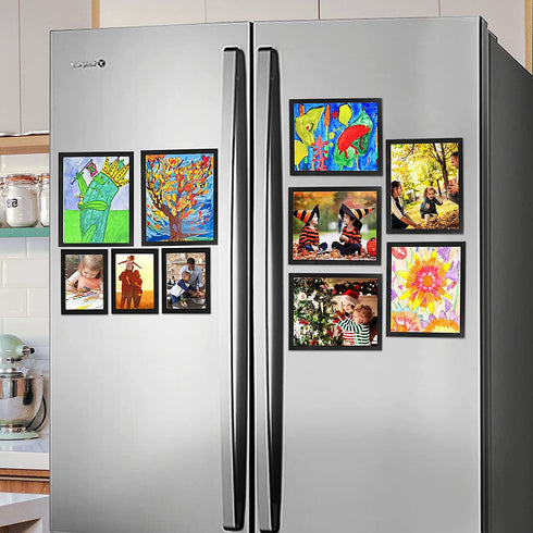 CRUGLA 8x10 Magnetic Picture Frames for Refrigerator, Modified Magnetic Sheet with Self Adhesive Backing Black Collage Photo Craft Frame Set for Glass Window Door Cubicle Tile, 12 Packs