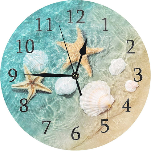 ATEDEANEI Bathroom Wall Clock, Small Silent Battery Operated Teal Decor for Living Room,Kitchen,Bedroom,10 Inch,Beach Starfish