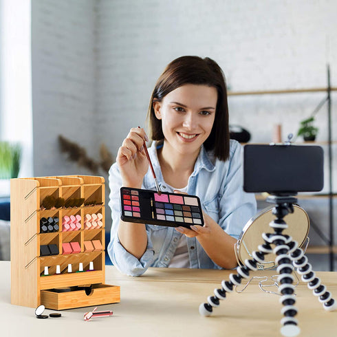 Bamboo Pen Organizer for Desk Pencil Wooden Multi-Functional Stationary Holder with 14 Compartments for Home Office Art Supply by FURNINXS