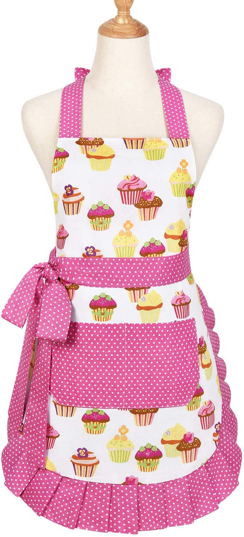 Claswcalor 100% Cotton Cupcake Pattern Aprons, Cute Baking Apron Adjustable Kitchen Apron for Women