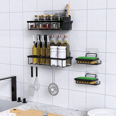 Awegety 2 Pack Shower Caddy and 2 Soap Holders, Shower Organizer with Hooks Rustproof Stainless Steel Bathroom Shower Shelf with Adhesives and Screws, Shower Racks for Bathroom Kitchen Bedroom
