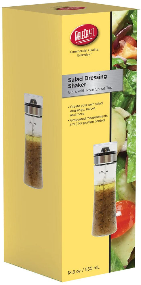 Tablecraft Salad Dressing Shaker, Glass with Plastic & Metal Pour Spout Top, Clear