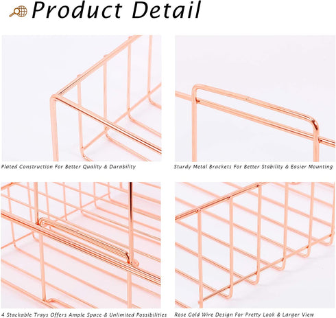 Hosaken Paper Tray, 4 Tier Stackable File Tray, Decorative Desk File Organizer Rack for Office Supplies and Accessories, 0.16Inch Thick Frame Rose Gold
