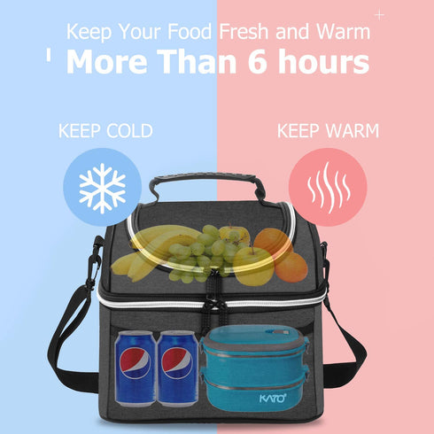 Insulated Lunch Bag, Leakproof Thermal Bento Cooler Tote for Women and Men, Dual Compartment with Shoulder Strap, 10.1" x 6.5" x 8.3", Black