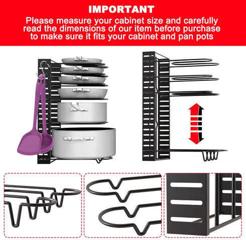 Pan Pot Organizer Rack, MASSUGAR Pan Organizer Adjustable Pot Rack with Hook, Black Metal Kitchen Cabinet Pantry Pot Lid Holder, 3 DIY Methods (Black)
