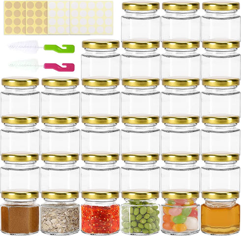 1.5oz Hexagon Mini Glass Jars with Lids,30pcs Honey Jars Small Spice Jars with Stickers, Brush for Baby Showers, Wedding Favors, Party Favors,Herbs, Spices, Jams