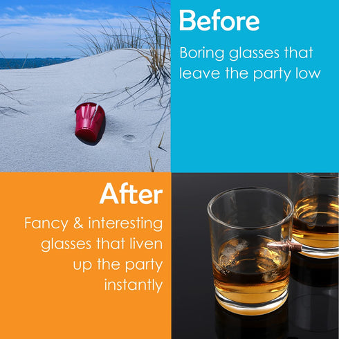 Houseables .308 Bullet Glasses, Glass Whiskey Cups, 9.5 OZ, 2 Pk, Rocks Cup, Drinking Lowball w/Round Embedded, Old Fashioned, Scotch, Bourbon, Copper Projectile, Cocktails, Gift Set, Gift for Men