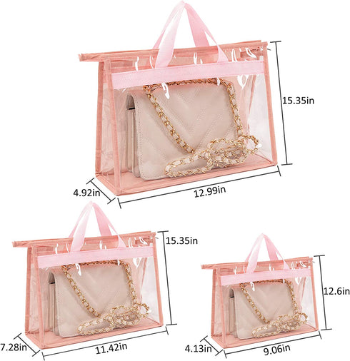 Regilt 3 PCS Transparent Handbag Storage Organizer Space-Saving Dust Cover Bag Dust-Proof Purse Storage Bag with Zipper and Handle (Pink, 3)