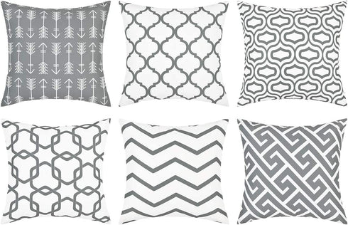 Yastouay Throw Pillow Covers Set of 6 Modern Decorative Throw Pillow Cases Geometric Pillow Covers Cushion Covers for Couch Sofa Bedroom Car (Grey and White, 18 x 18 Inch)