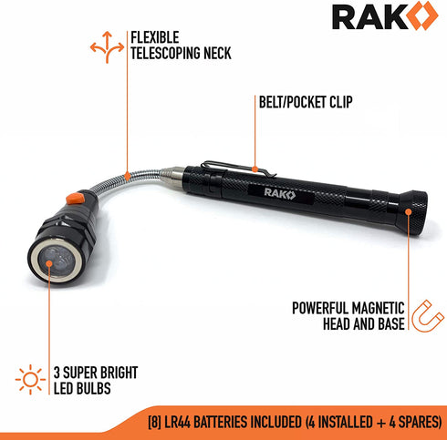 RAK Magnetic Pickup Tool - Telescoping Magnet Stick with 3 LED Lights and Extendable Neck up to 22 Inches - Gifts for Dad, Husband, Truck Driver, Handy Men or Women
