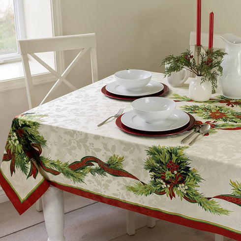 Benson Mills Christmas Ribbons Engineered Printed Fabric Tablecloth for Christmas, Winter, and Holiday (52" X 70" Rectangular, Xmas Ribbons)