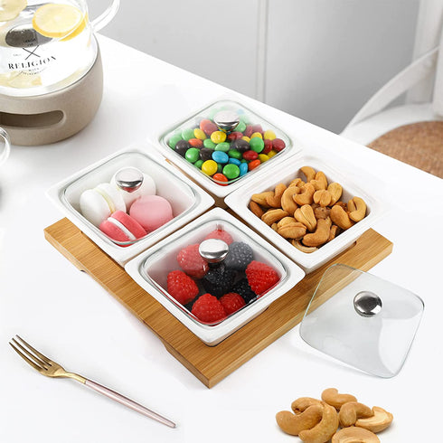 Tebery 4 Pack Ceramic Divided Serving Dishes Relish Tray, Appetizer & Condiment Server Set, 5OZ Removable Serving Platter Bowl with Glass Lids & Bamboo Tray for Fruits, Nuts, Candies, Veggies