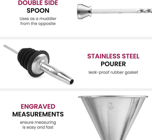FineDine 14-Piece Cocktail Shaker Set Bartender Kit - Boston Shaker w/ Strainer, Bar Jigger, Bar Spoon & More - Full Stainless Steel Cocktail Set w/ Bar Tools - Drink Mixer Bar Set - Bar Accessories