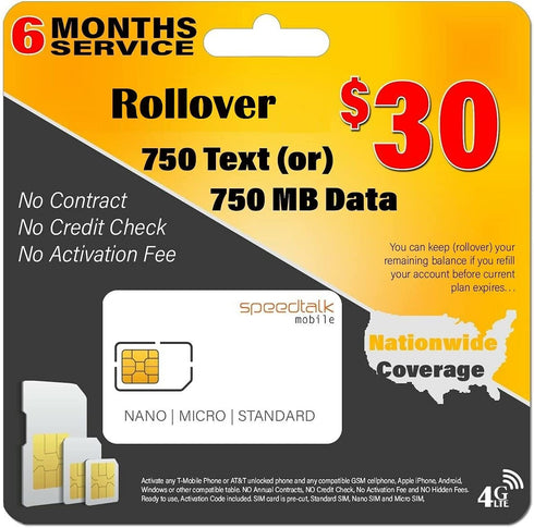SpeedTalk SIM Card for 4G LTE GPS Trackers Pet Kids Senior Car Activity Tracking Devices | Triple Cut Simcard - Standard Micro Nano | 6 Months Rollover Plan Wireless Service | Canada & Mexico Roaming