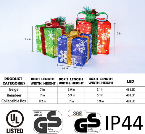 gresonic Christmas Lighted Pop Up Gift Boxes Decorations, Set of 3 Tinsel Present Box, Pre-lit 48 LED Light Up Tree Skirt Ornament, Indoor Outdoor Red Green & Blue for Holiday Party Xmas Home Yard