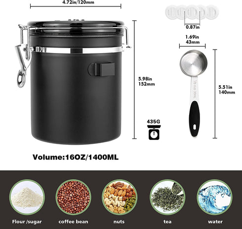Miscedence Coffee canister for ground coffee with Scoop Date Tracker One Way Co2 Valve 304 Stainless Steel Kitchen Food Airtight storage container for Coffee Beans,Grounds,Tea,Sugar(Silver,16oz)€¦